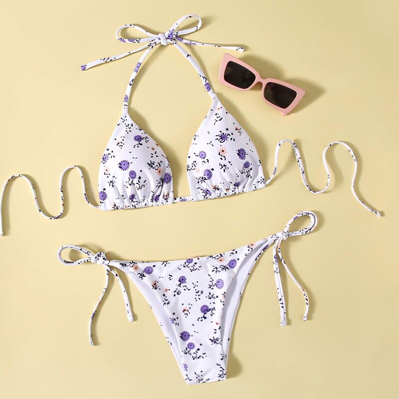 

Ditsy Floral Triangle Tie Side Bikini Swimsuit, White