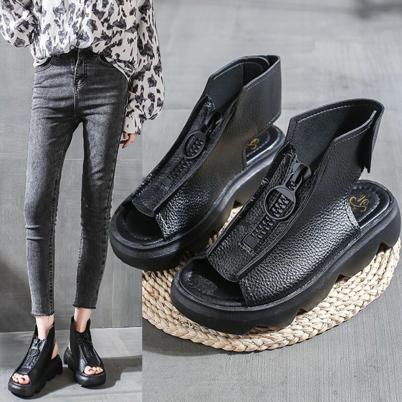 

Zip Front Wedge Sandals, Black
