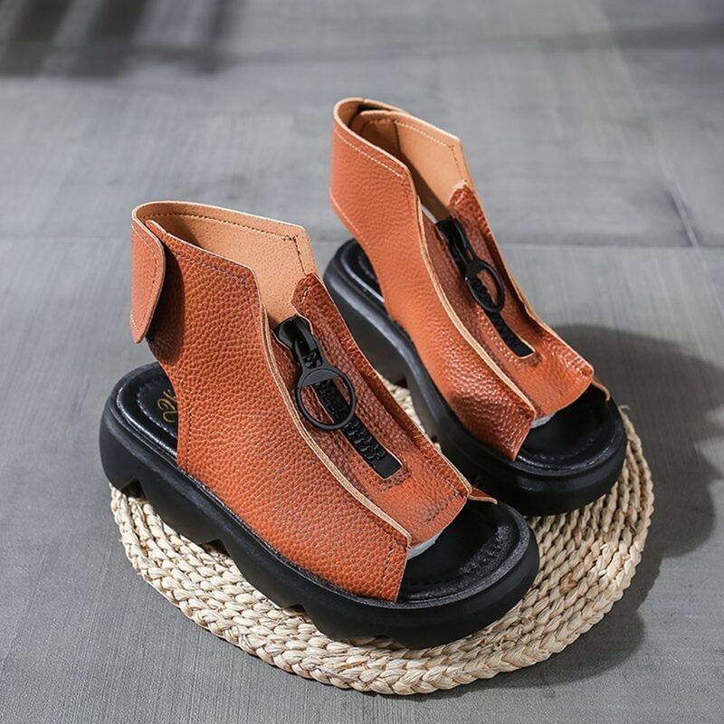 

Zip Front Wedge Sandals, Brown