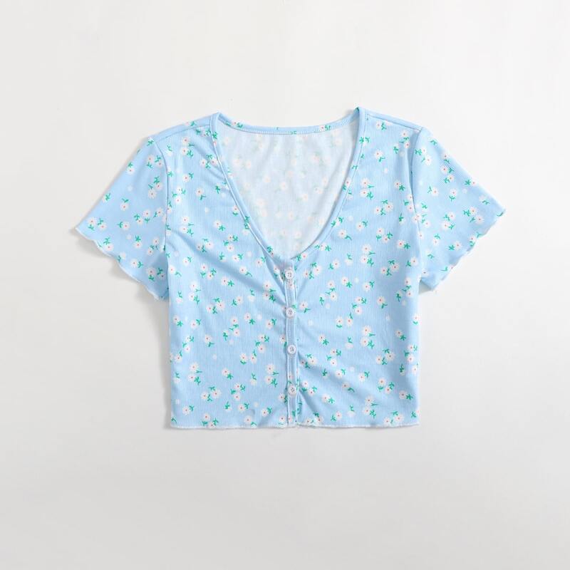 

Ditsy Floral Button Front Ribbed Tee, Multicolor