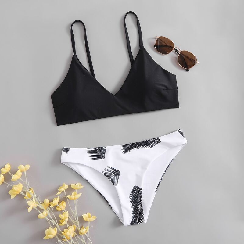 

Tropical Leaf Graphic Bikini Swimsuit, Black