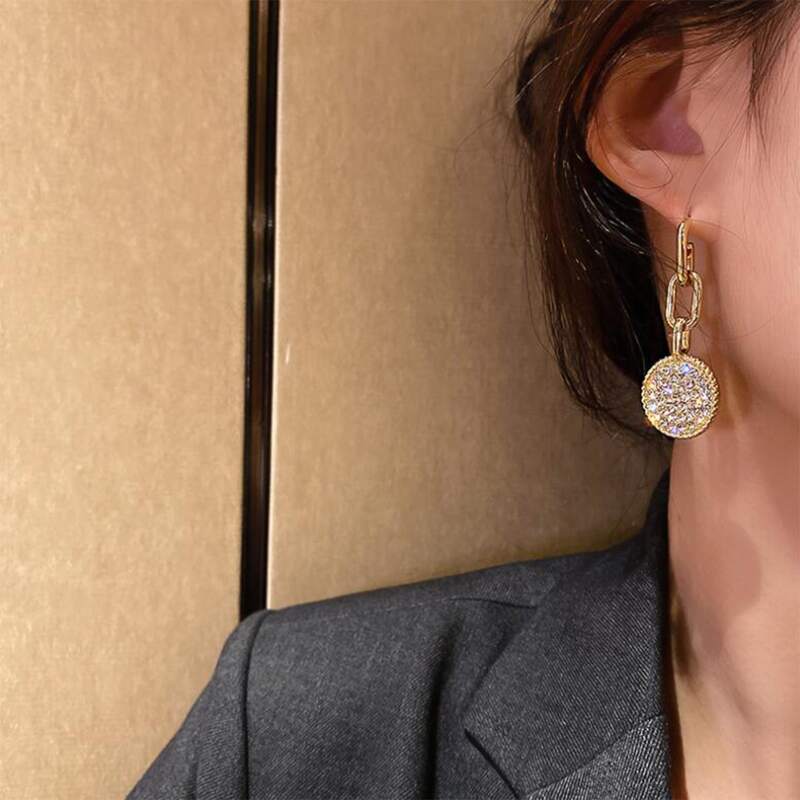 

1pair Rhinestone Disc Drop Earrings, Gold