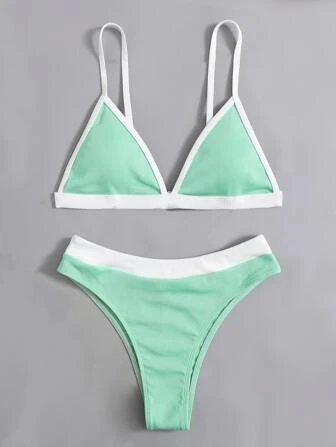 Ensemble de bikini triangle avec lien contrasté, pour les vacances d'été à la plage