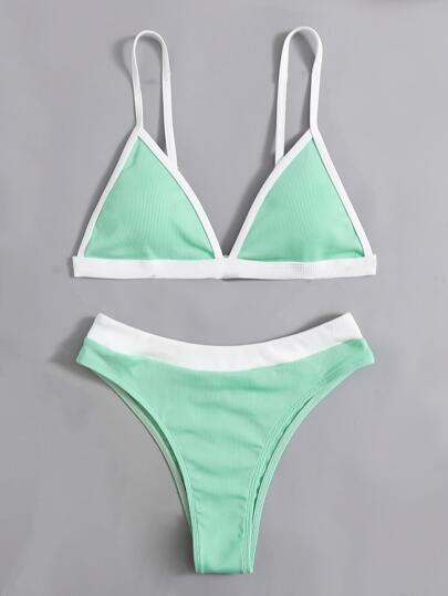 Contrast Binding Triangle Bikini Set, For Summer Beach Vacation