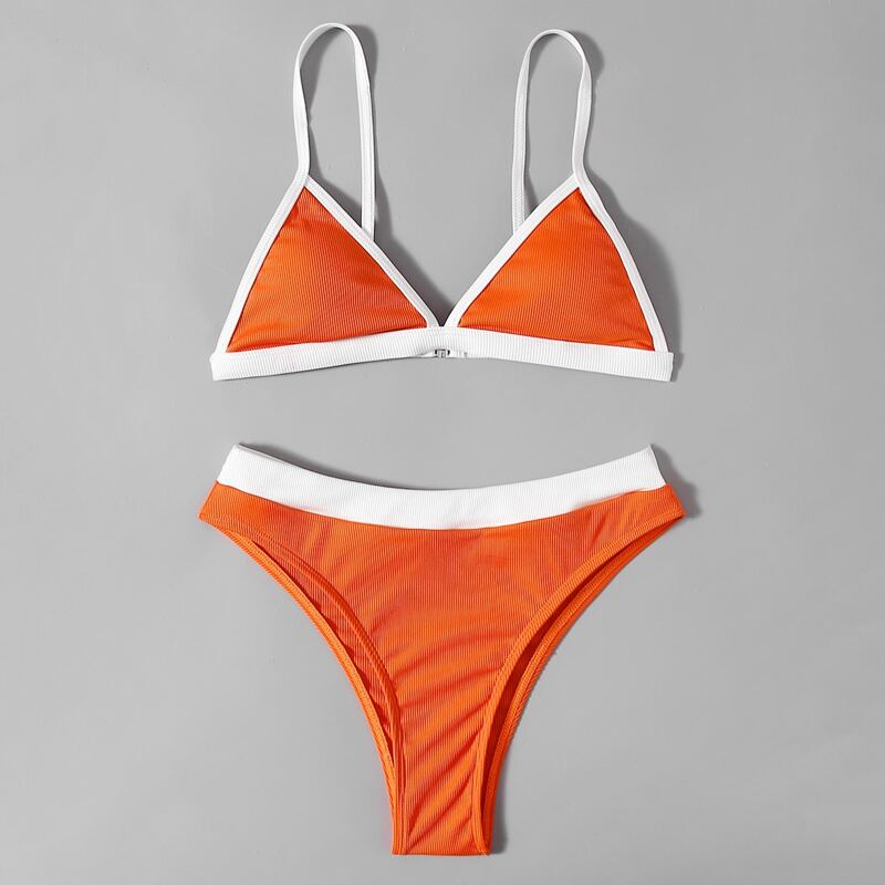 

Contrast Binding Triangle Bikini Swimsuit, Orange