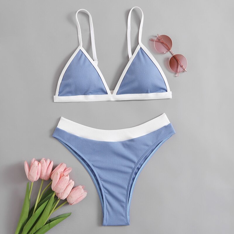 

Contrast Binding Triangle Bikini Swimsuit, Dusty blue