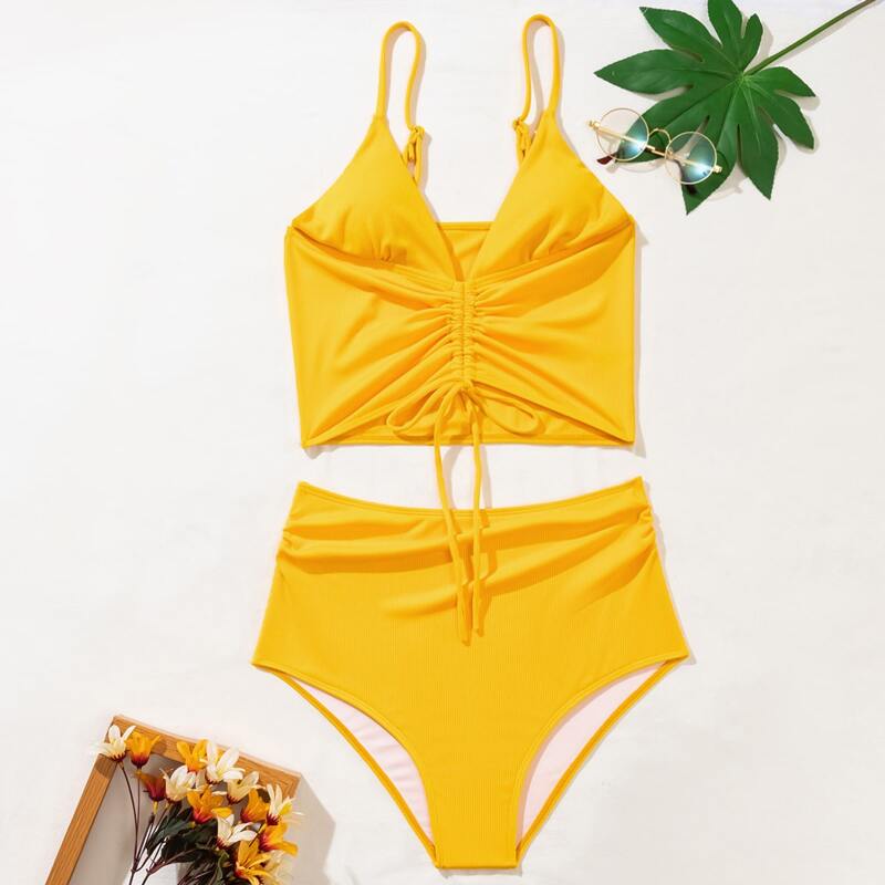 

Rib Drawstring Front High Waisted Bikini Swimsuit, Yellow