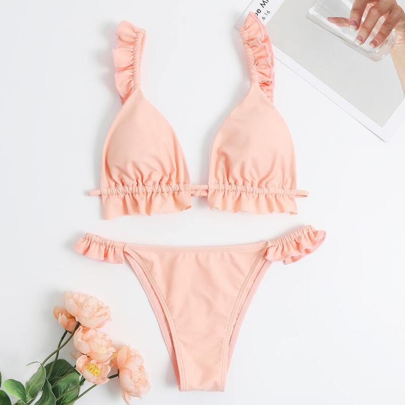 

Ruffle Trim Thong Bikini Swimsuit, Coral orange