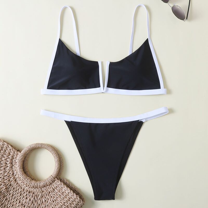

Contrast Binding V-wired Bikini Swimsuit, Black