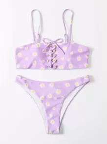 Summer Daisy Floral Lace-Up Bikini Set - Mauve Purple - View 1
