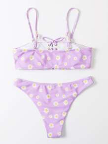 Summer Daisy Floral Lace-Up Bikini Set - Mauve Purple - View 2