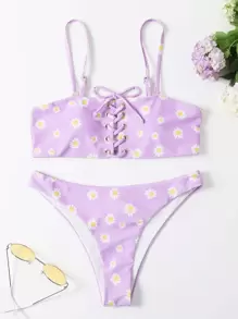 Summer Daisy Floral Lace-Up Bikini Set - Mauve Purple - View 3