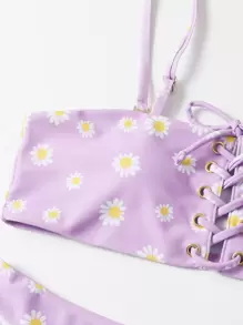 Summer Daisy Floral Lace-Up Bikini Set - Mauve Purple - View 4