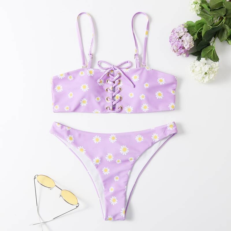 

Daisy Floral Lace-up Bikini Swimsuit, Mauve purple