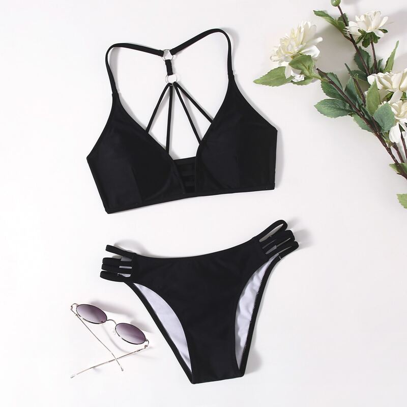 

Solid Cut-out Bikini Swimsuit, Black