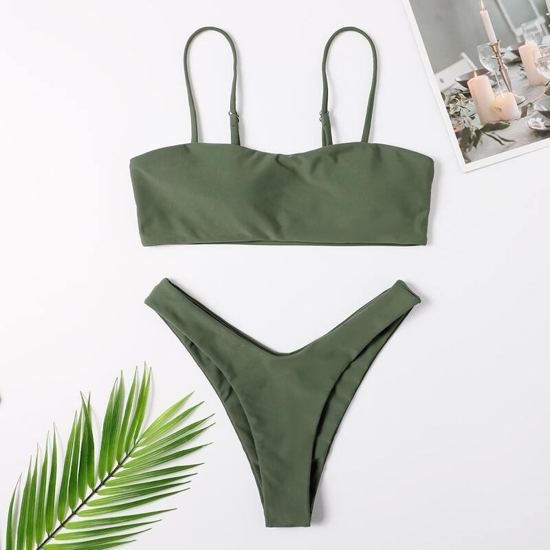 

Plain High Cut Bikini Swimsuit, Green