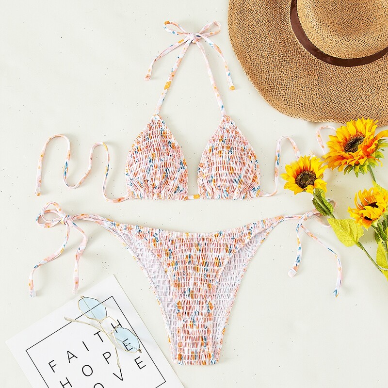 

Smocked Halter Tie Side Bikini Swimsuit, Multicolor