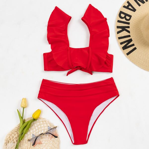 

Ruffle Trim Bikini Swimsuit, Red
