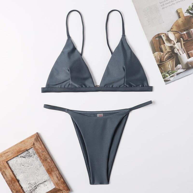 

Solid Triangle Tanga Bikini Swimsuit, Grey