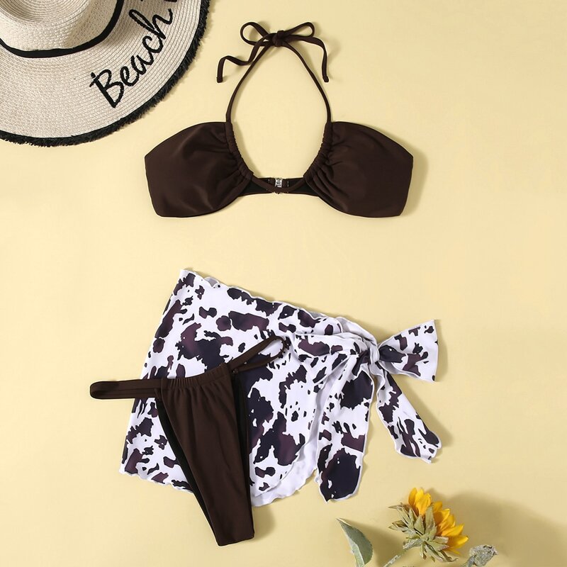 

3pack Thong Bikini Swimsuit With Beach Skirt, Multicolor