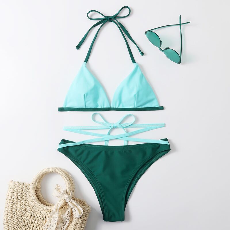 

Color Block Criss Cross Bikini Swimsuit, Multicolor
