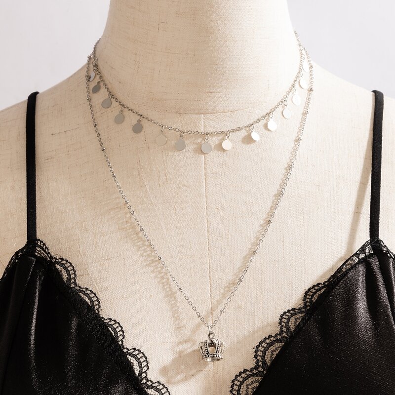 

1pc Crown Pendant Layered Chain Necklace, Silver