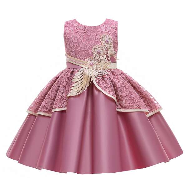 

Girls Lace Insert Pearl Beaded Gown Dress, Pink