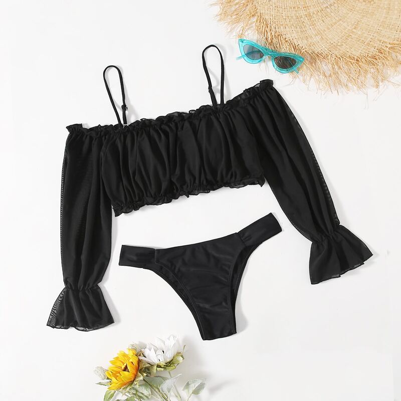 

Frill Trim Long Shelve Bikini Swimsuit, Black