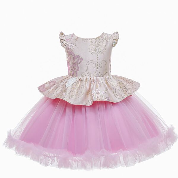 

Girls Baroque Pattern Layered Mesh Gown Dress, Pink