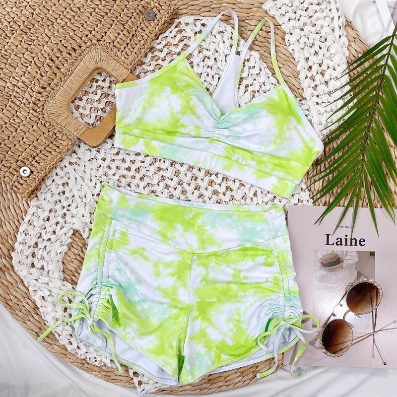 

Tie Dye Ruched Drawstring Side Short Bikini Swimsuit, Multicolor
