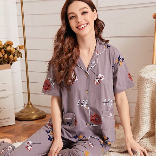 

Floral Print Pajama Set, Mauve purple