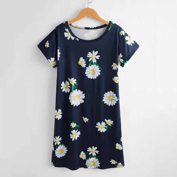

Girls Floral Print Tee Dress, Navy blue