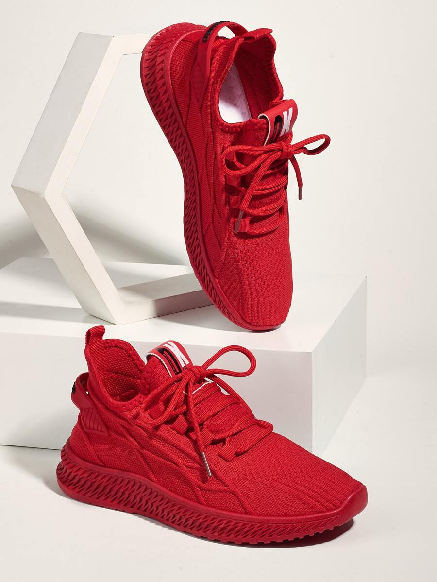 Lace-up Decor Knit Sneakers, Red Athletic Lace-up Women's Sports Shoes With Letters - Red - View 1