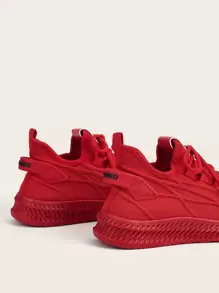 Lace-up Decor Knit Sneakers, Red Athletic Lace-up Women's Sports Shoes With Letters - Red - View 5