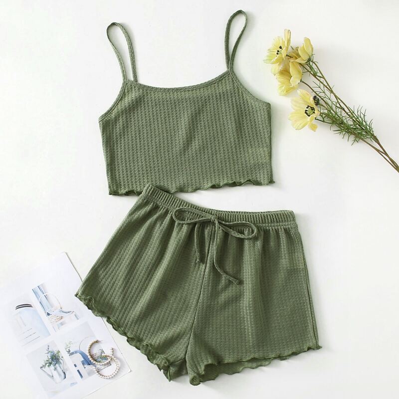

Lettuce Trim Knot Front Cami Lounge Set, Mint green