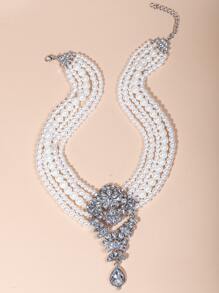 Colar em camadas de decoração de pérolas e strass artificiais - Branco - Visão 2