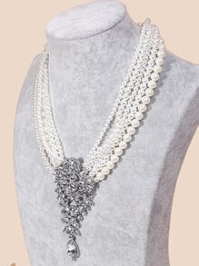 Colar em camadas de decoração de pérolas e strass artificiais - Branco - Visão 3