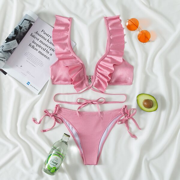 

Ruffle Trim Tie Side Bikini Swimsuit, Pastel baby pink