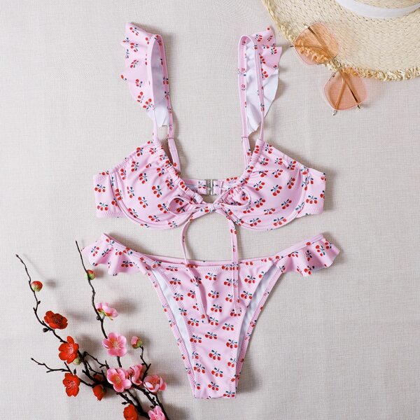 

Cherry Print Ruffle Underwire Thong Bikini Swimsuit, Pastel baby pink