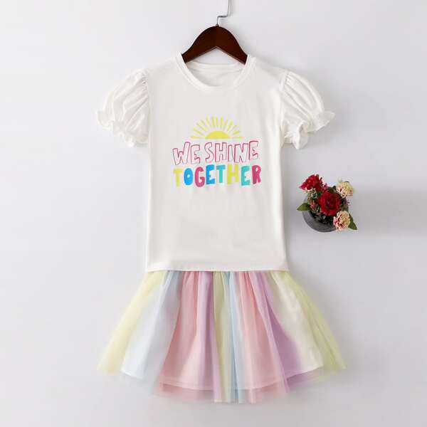 

Toddler Girls Slogan Graphic Tee With Mesh Skirt, Multicolor