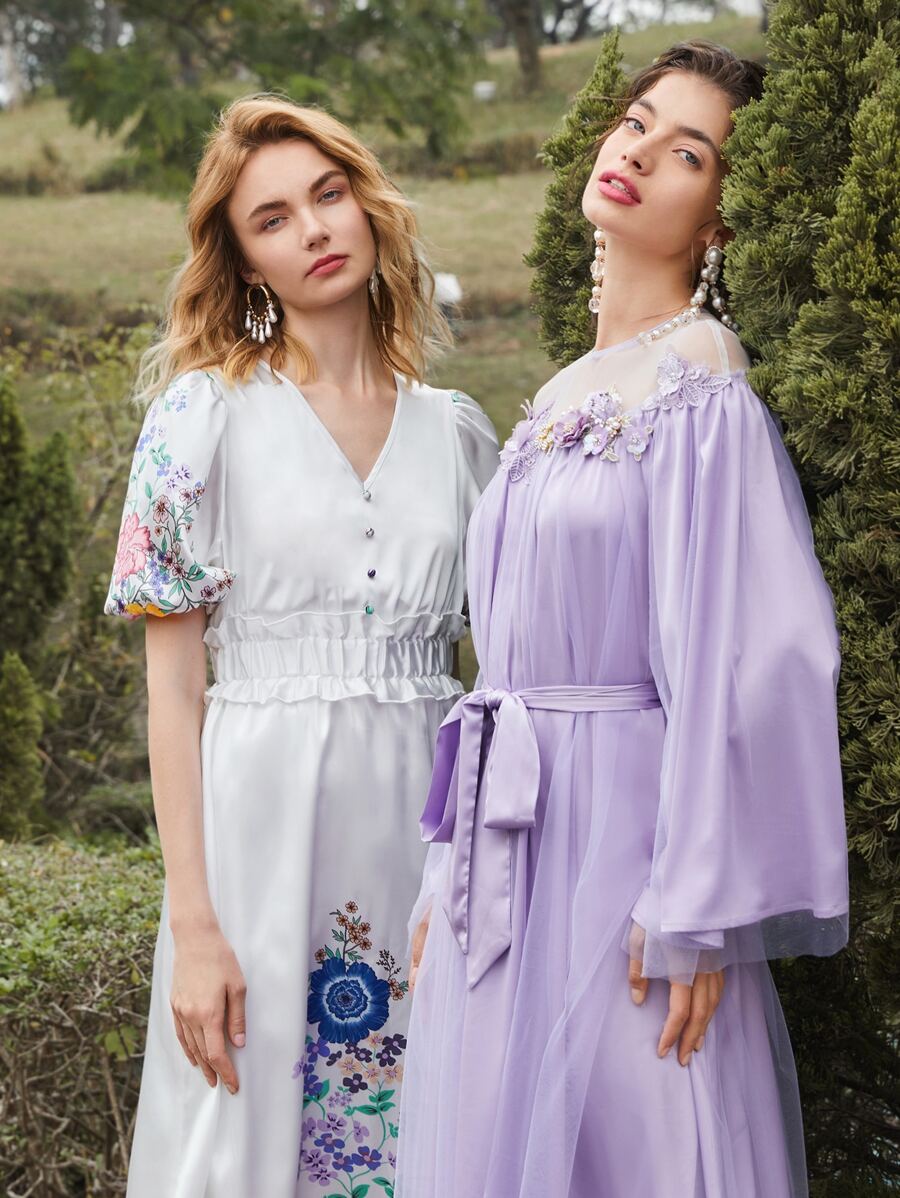 SHEIN X Dr.kholoud 1入組花卉打褶細節燈籠袖緞面洋裝