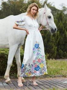 SHEIN X Dr.kholoud 1入組花卉打褶細節燈籠袖緞面洋裝