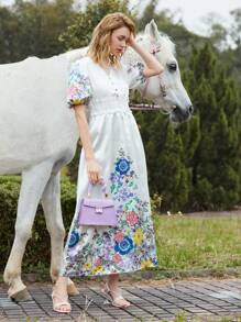 SHEIN X Dr.kholoud 1入組花卉打褶細節燈籠袖緞面洋裝