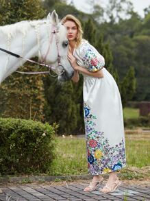 SHEIN X Dr.kholoud 1入組花卉打褶細節燈籠袖緞面洋裝