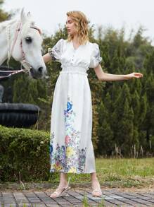 SHEIN X Dr.kholoud 1入組花卉打褶細節燈籠袖緞面洋裝