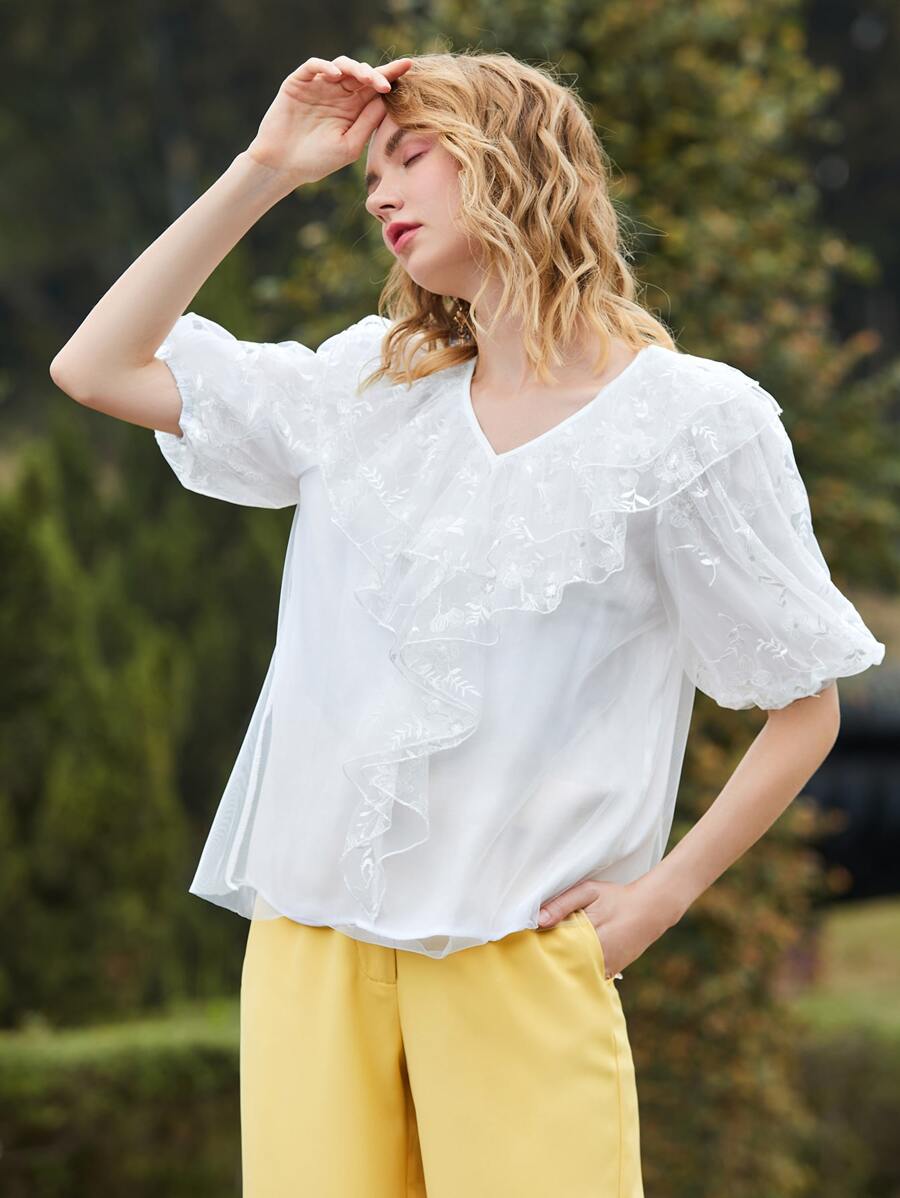 SHEIN X Dr.kholoud 1PC Puff Sleeve Embroidered Mesh Ruffle Trim Top - White - View 1