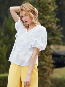 SHEIN X Dr.kholoud 1PC Puff Sleeve Embroidered Mesh Ruffle Trim Top - White - View 3