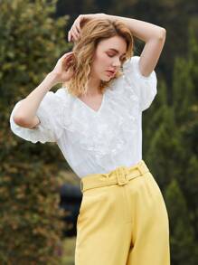 SHEIN X Dr.kholoud 1PC Puff Sleeve Embroidered Mesh Ruffle Trim Top - White - View 4