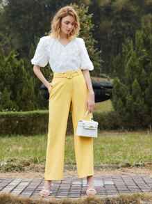 SHEIN X Dr.kholoud 1PC Puff Sleeve Embroidered Mesh Ruffle Trim Top - White - View 5