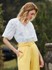 SHEIN X Dr.kholoud 1PC Puff Sleeve Embroidered Mesh Ruffle Trim Top - White - View 6